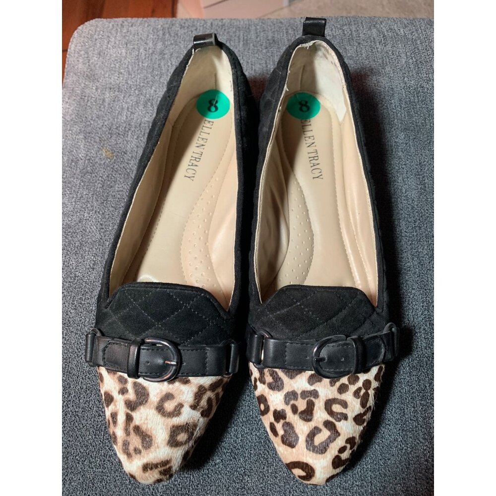 Ellen Tracy Womens Quilted Flats Black with Leopard-Print Pointed Toe 8M